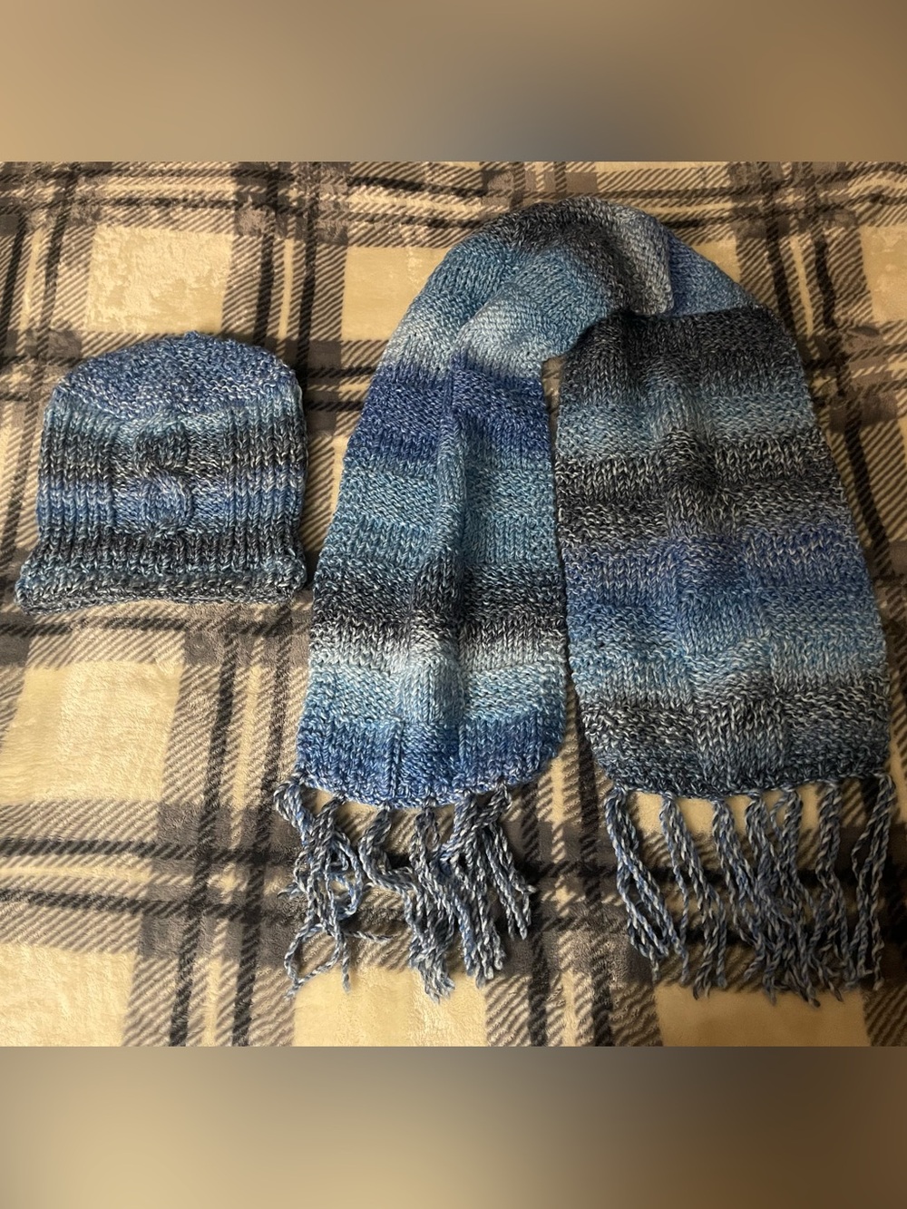 Handmade Blue Knit Beanie and Scarf Set
